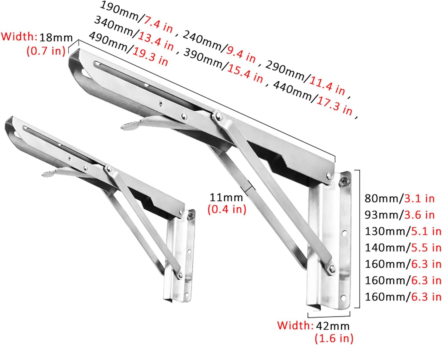 2 pieces, foldable stainless steel shelf brackets, heavy-duty wall floating shelf bracket, open shelving support brackets, easy to install, maximum load 80kg (176 lbs), saving space,390mm/15.4 in
