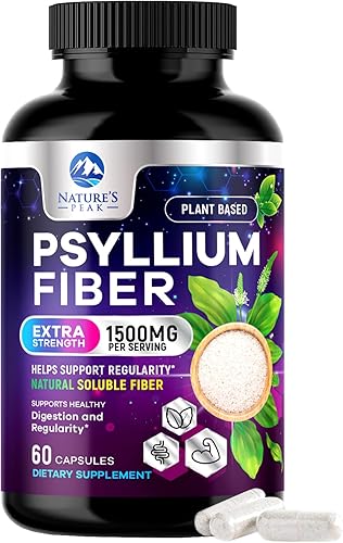 Suplemento de fibra de psyllium de 1500 mg, sin OMG, fibra soluble natural para la salud digestiva diaria y apoyo de regularidad, cápsulas de polvo