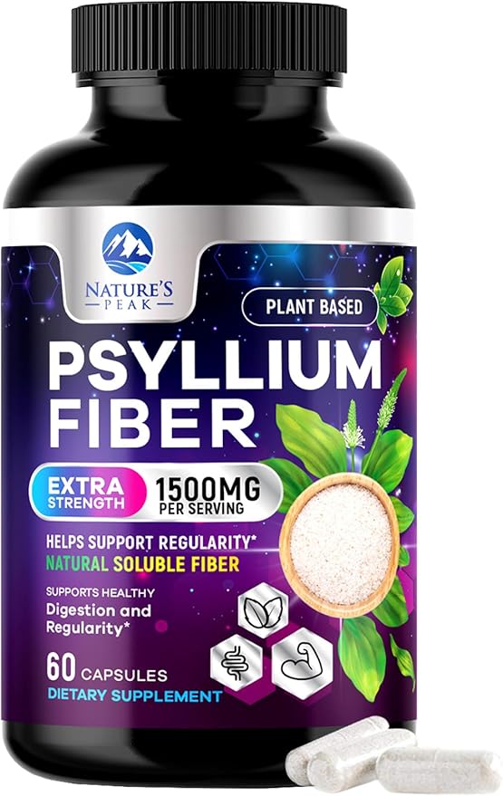 Psyllium Fiber Supplement 1500mg, Natural Soluble Fiber for Daily Digestive Health & Regularity Support, Plant-Based Vegan Psyllium Husk Powder Caps, Sugar-Free, Non-GMO & Gluten-Free - 60 Capsules