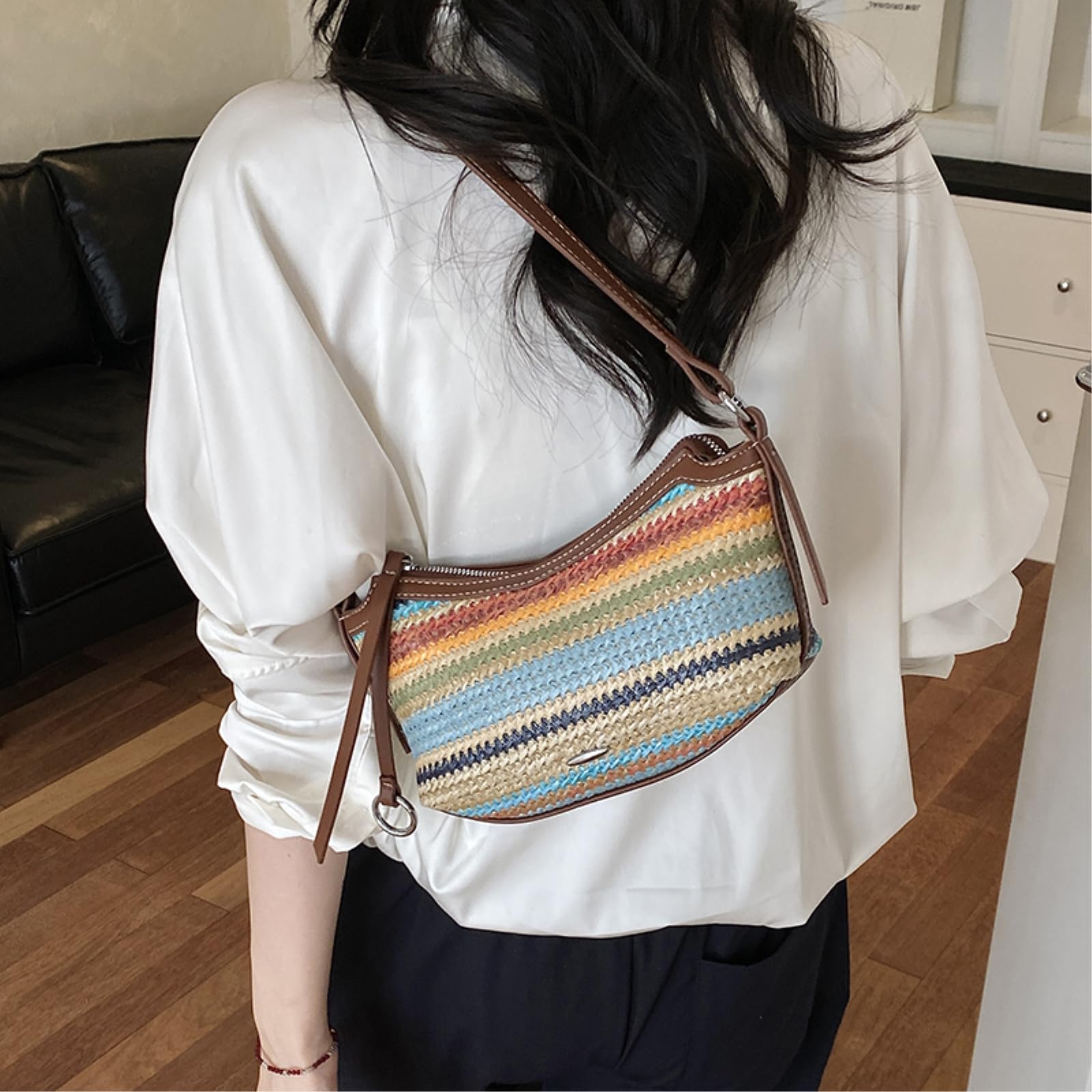 Borsa Spalla Paglia A Tracolla Raffia-Woven con Contrasto-Trim, Regolabile-Strap Cross-Body Pouch per Vacanze E Passeggiate in Città-black-26cmx15cmx7 5cm