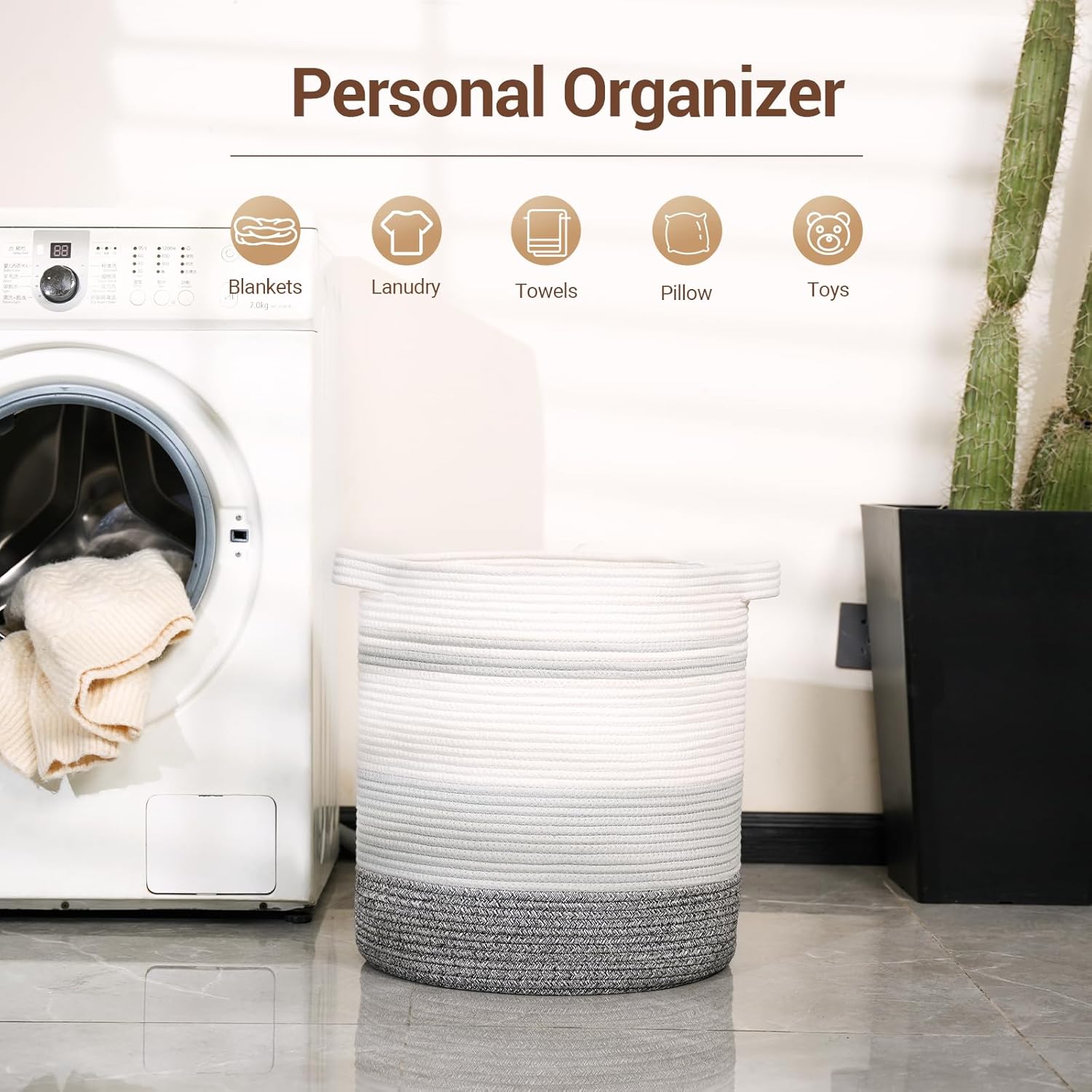 Lingtoolator et Basket White & Gray Tall Storage Basket 16" x 16" x 18", Woven Baby Laundry Hamper Woven Blanket Storage for Living Room – Ideal for Toys, Clothes wicker laundry basket,60L