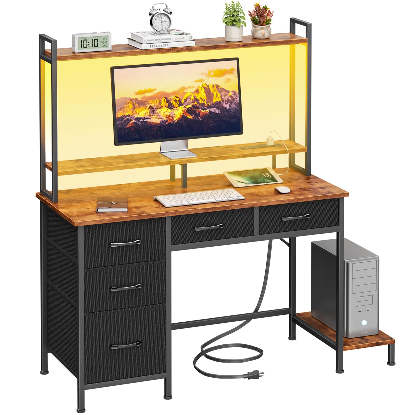 Korfile Computer Gaming Desk with Hutch, Home Office Desk with Power Outlets, LED Light, 5 Storage Drawers, 2 Tiers Shelves for Display, 39 Inch