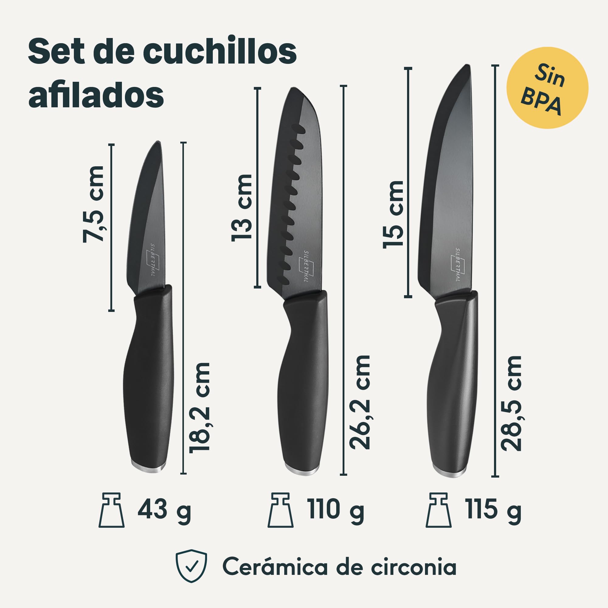 SILBERTHAL Set cuchillos cocina cerámica - Con funda protectora - Set 3 cuchillos ceramicos cocina
