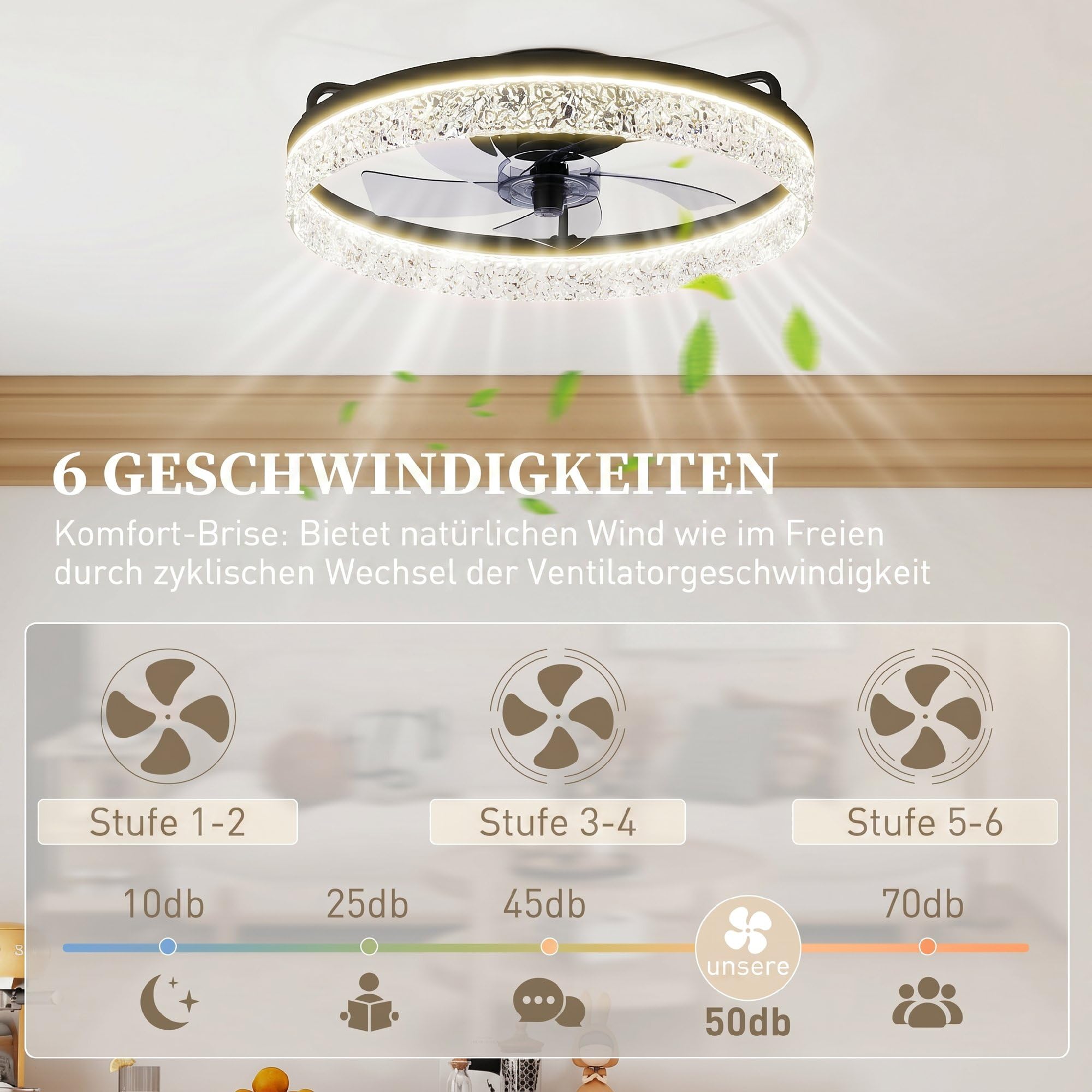 HOMCOM Deckenventilator mit Beleuchtung und Fernbedienung, Ø50 cm, 40 W Dimmbare Leise LED Deckenleuchte mit Ventilator, 6 Geschwindigkeiten, umkehrbar DC Motor, Timer, Schwarz
