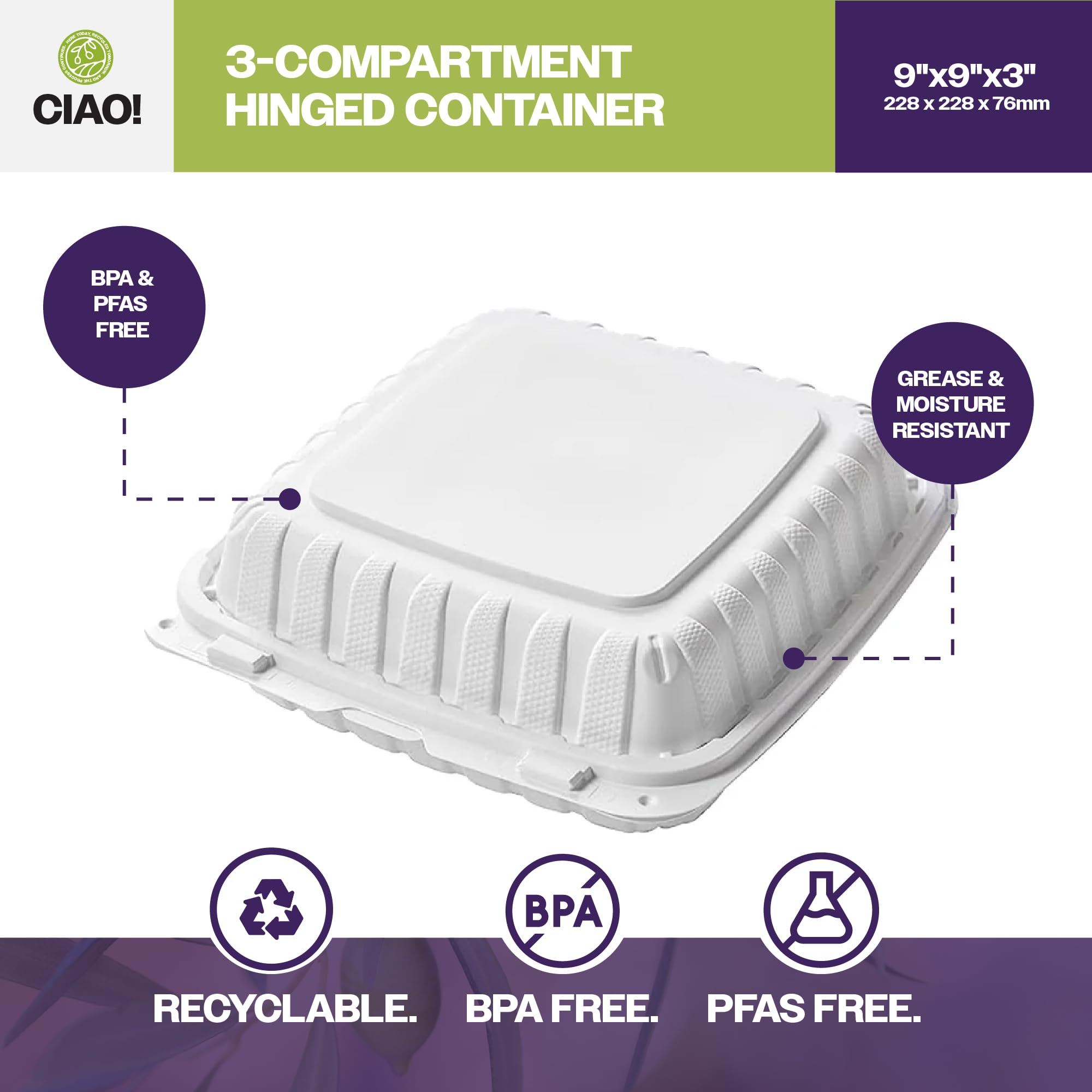 CIAO! Contenedor MFPP blanco con bisagras de 9 x 9 x 3 pulgadas con tapa, 3 compartimentos (caja de 150)