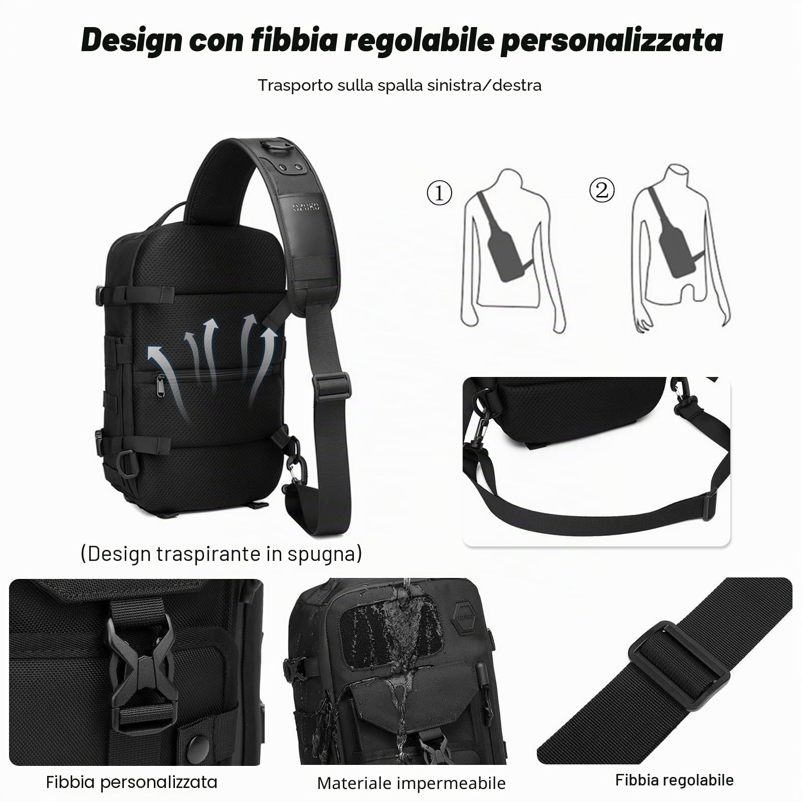 FANDARE Zaino Monospalla Uomo Militare da Palestra, Borsa a Tracolla per Campeggio, Escursione, Viaggio, Sportivo Sling Bag Nero