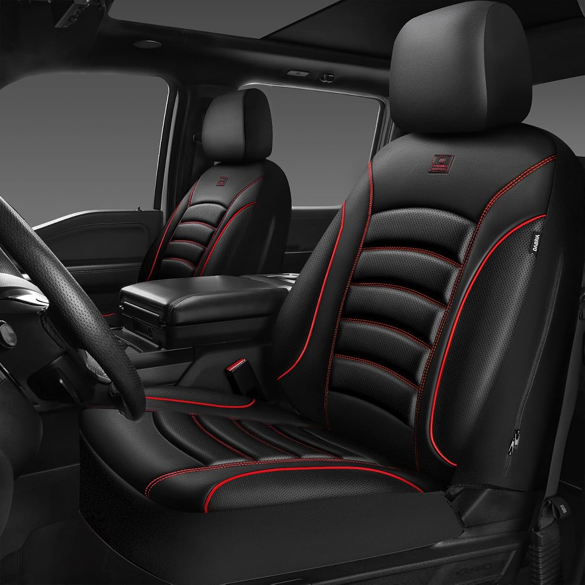 3D Foam PU Leather Car Seat Covers, Universal Seat Covers Front 2 for Trucks SUV Sedan Automotive Seat Covers Armrest Airbag Compatible Waterproof Comfortable Faux Nappa Leather Black Red