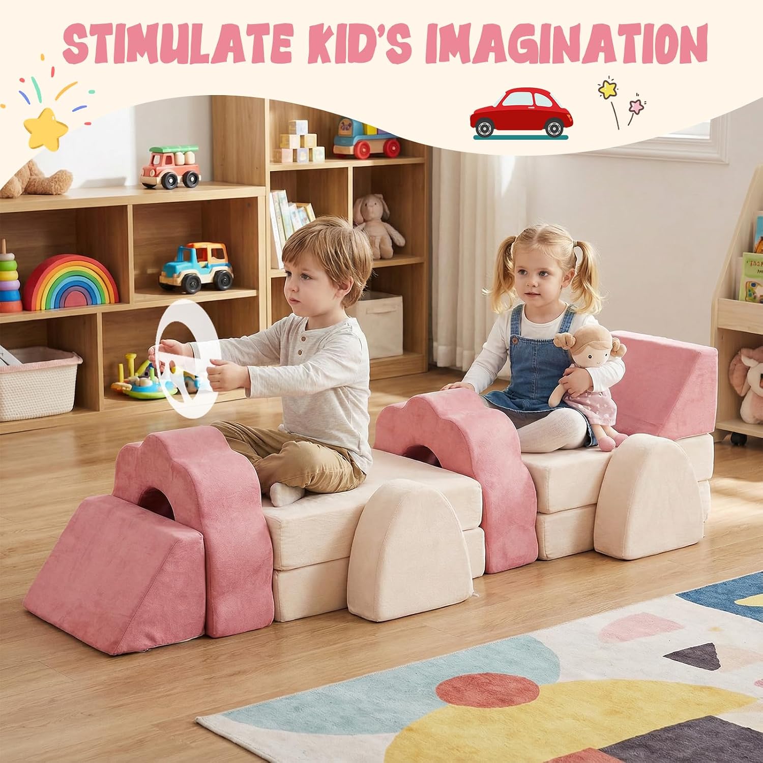 Flower Kids Play Couch 10PCS Toddler Couch High Density Foam Sectional Sofa Playroom Kids Furniture for Girls and Boys Bedroom (Beige & Pink)