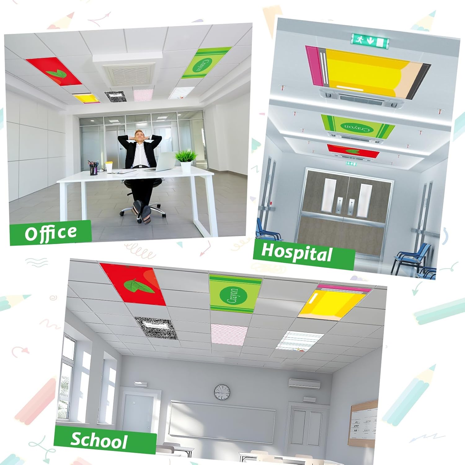 8Pcs First Day of School Fluorescent Light Covers for Classroom Study Topics Ceiling Light 4x2Ft Magnetic Lights Cover Filter Easy Install for Back to School Office Ceiling Supply (Composition)