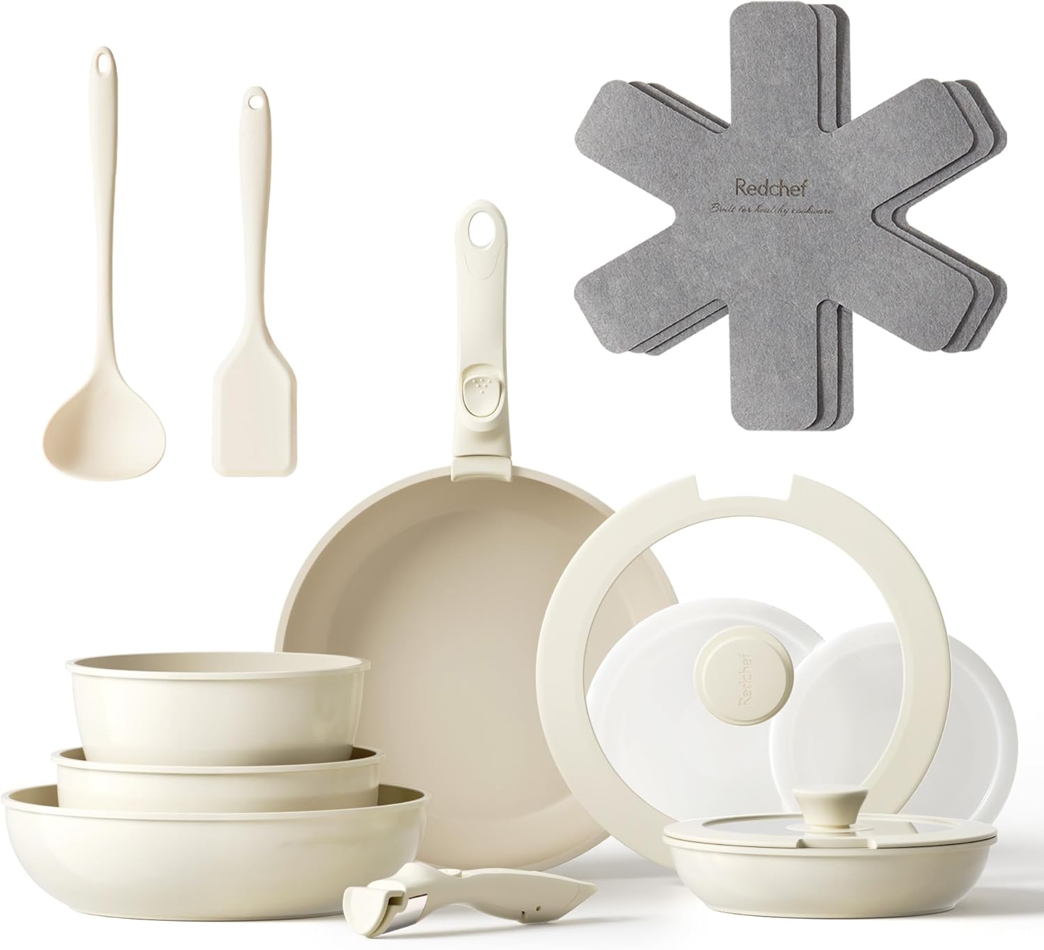 Redchef Ceramic Cookware Set with Detachable Handles, Healthy Nonstick Pans and Pots Set 16Pcs, Induction Dishwasher Oven Safe Kitchen Set, PFAS PFOA & PTFE Free, Beige White