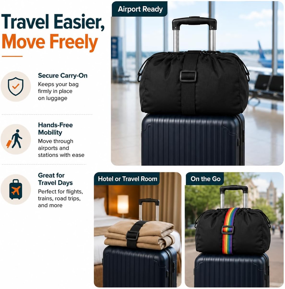 4Pcs Rainbow Black Adjustable Elastic Luggage Connector Straps for Multiple Suitcases, Multi-Functional Travel Suitcase Belts for Luggage Fixing & Item Organization