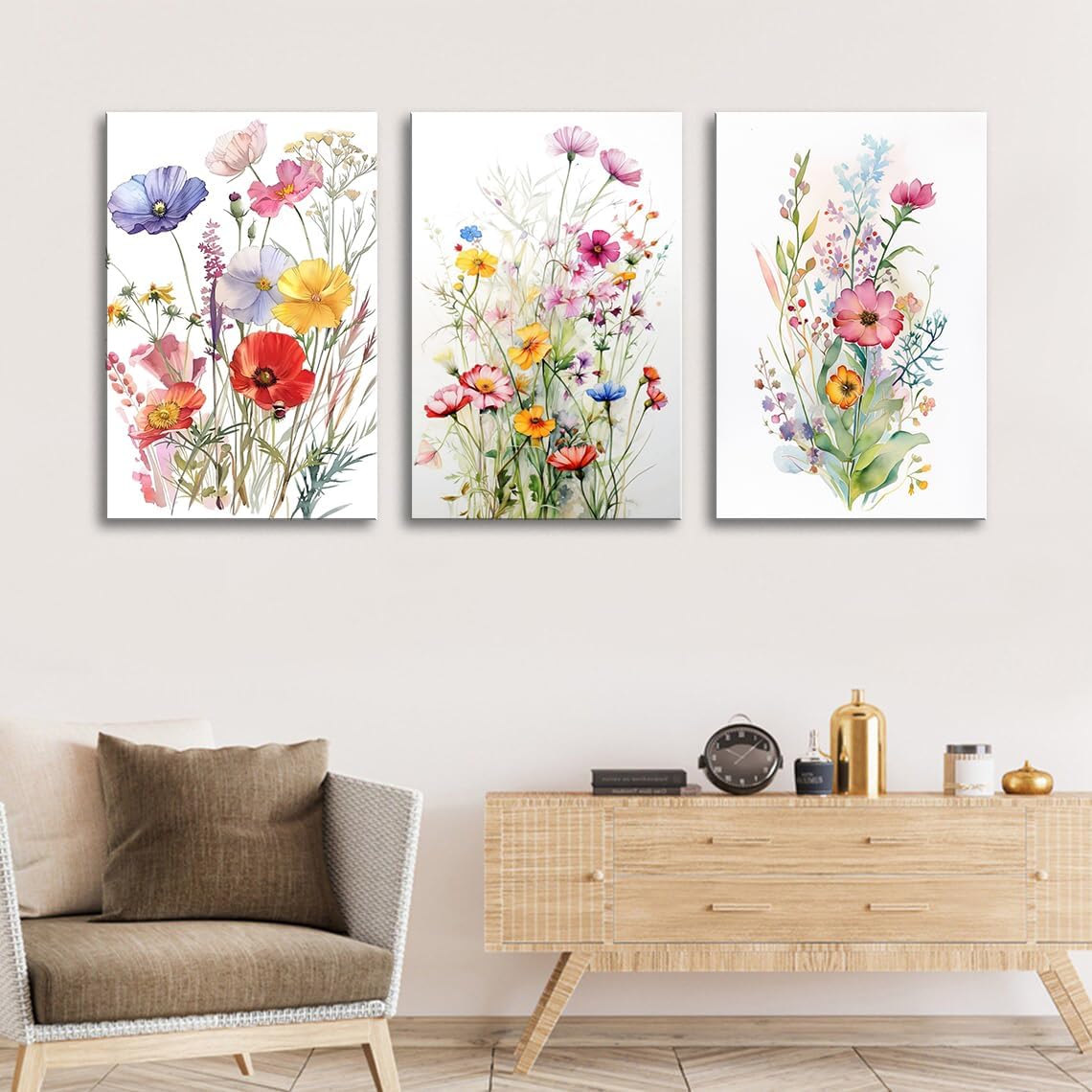 Flower Canvas Wall Art for Living Room,Colorful Wildflower Canvas Framed Pictures Set Of 3 Watercolor Modern Botanical Print Painting for Girls Room Bedroom Bathroom 12x16 Inch