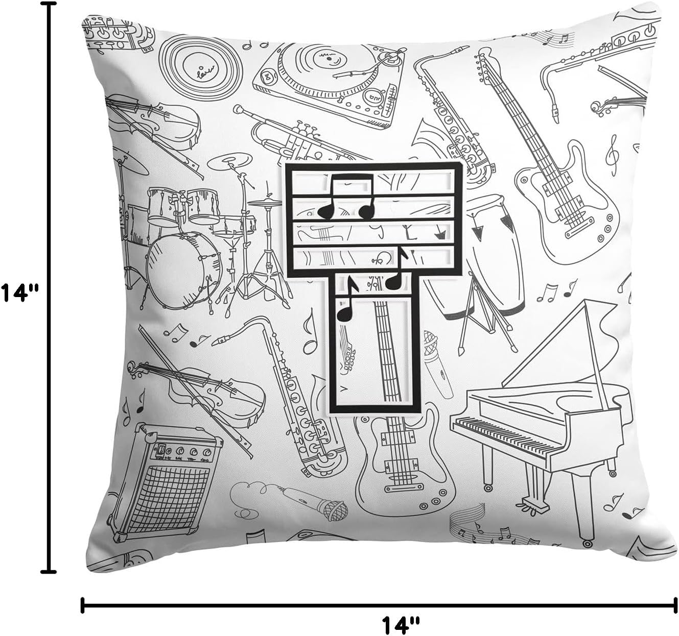 Caroline's Treasures CJ2007-TPW1414 Letter T Musical Note Letters Fabric Decorative Pillow 100% Machine Washable Pillow, Indoor or Outdoor Decorative Throw Pillow for Couch, Bed or Patio