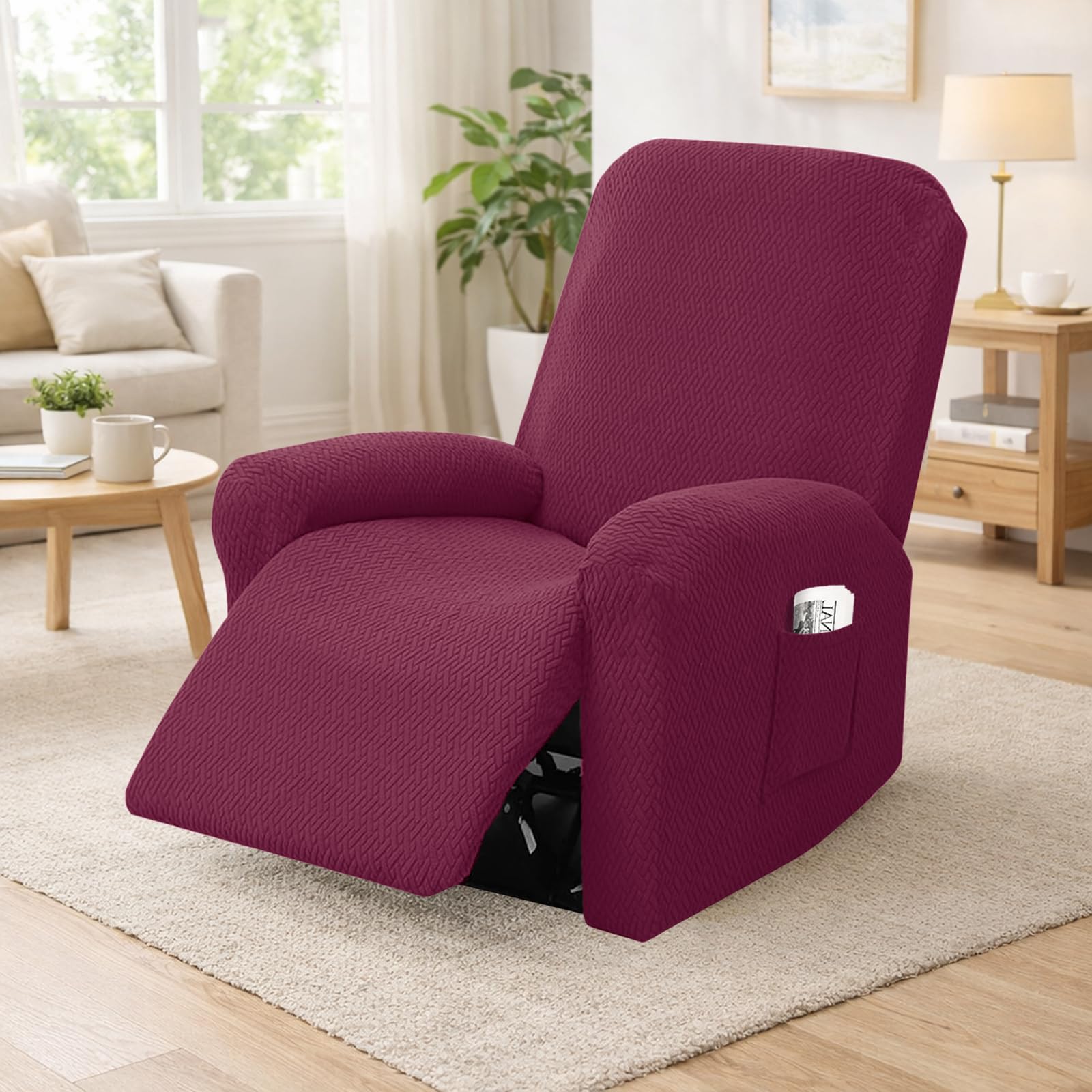 Set di 4 Copri Poltrona Relax Reclinabile, Copripoltrona 1 Posto Elasticizzato con Tasche e Braccioli,Utte le Inclusive Strisce Jacquard, Lavabile (Borgogna)