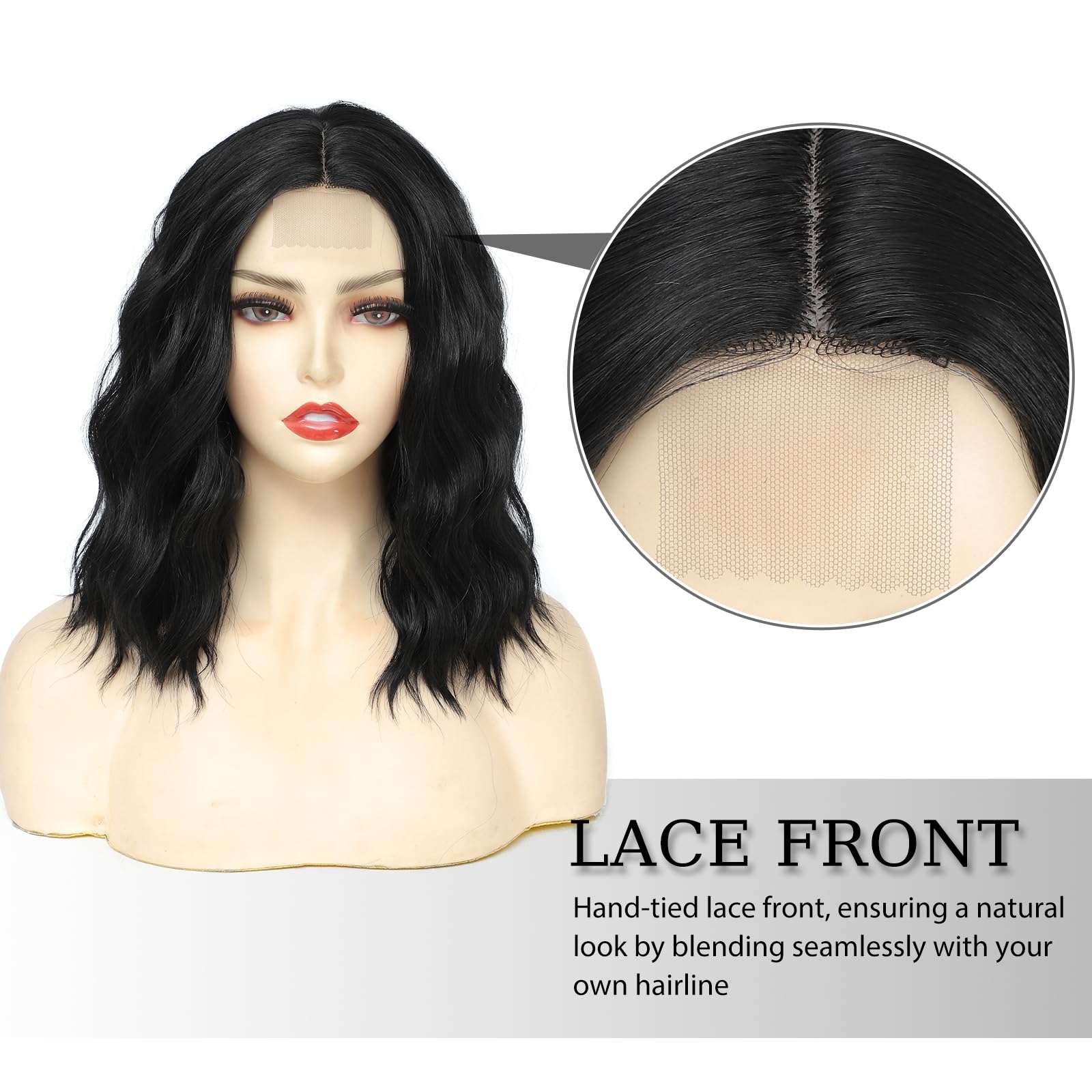Yamel Wavy Bob Wig Natural Black Synthetic Hair Shoulder Length 14 Inch Short Curly Middle Part Lace Front Wigs for Women - Image 2