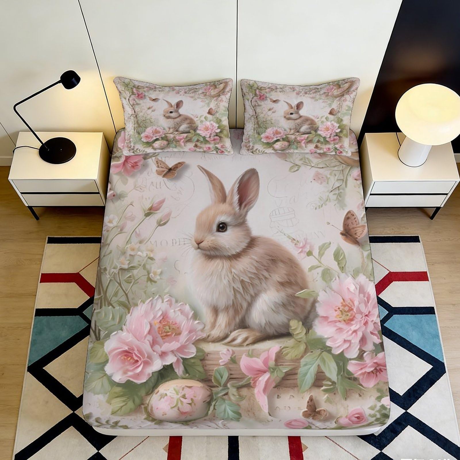 3D Printed Bunny Floral Fitted Sheet Microfiber Deep Pocket Bedroom Bedding Bunny Mattress Fitted Cover for Adults Teens 140x200x25cm
