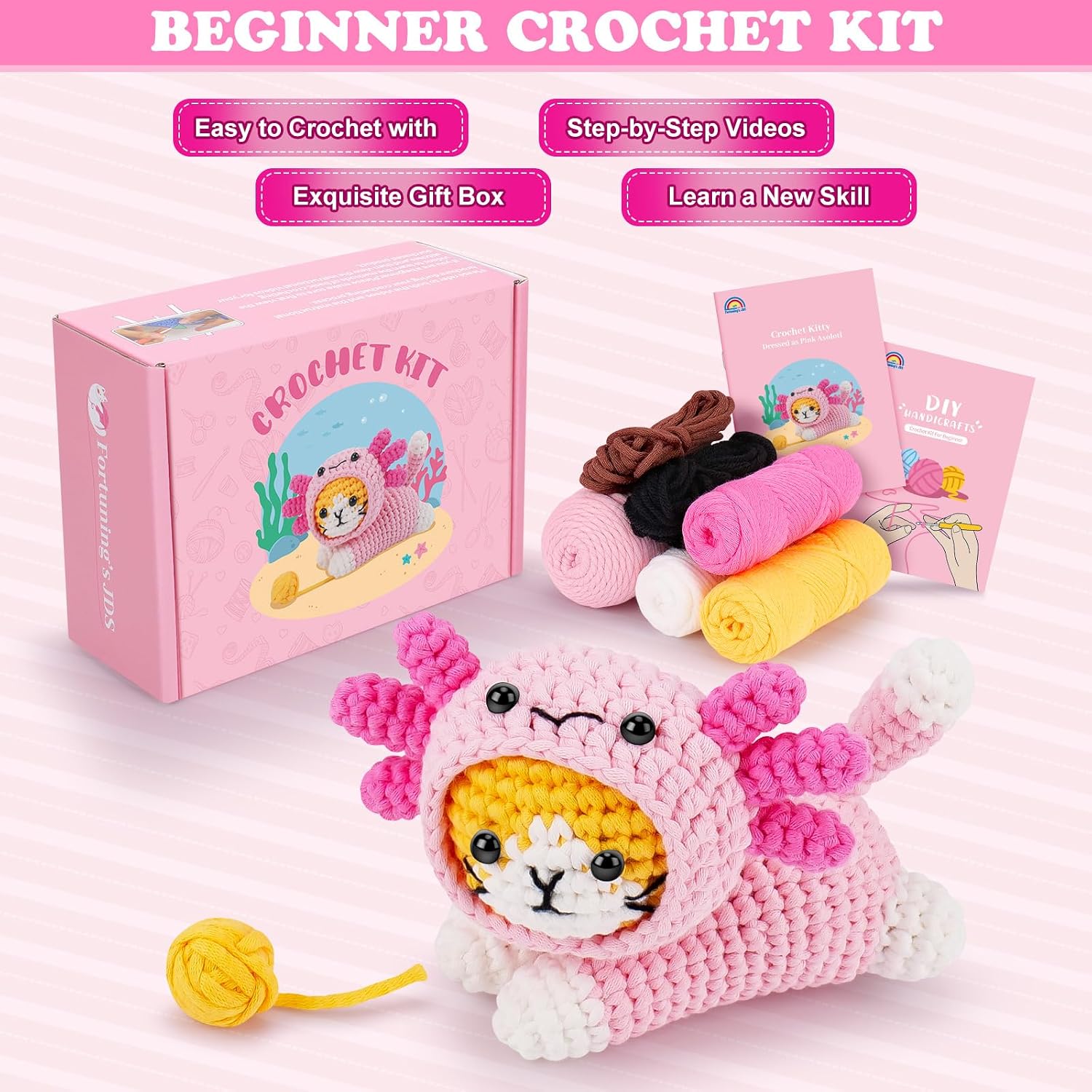 Crochet Kit for Beginners, Cat Dress in Axolotl Crochet Kit, Complete Crochet Animal Kit with Step-by-Step Video Tutorials, Easy Knitting Kit for Adults, DIY Cat Craft Kit for Galentines Gifts