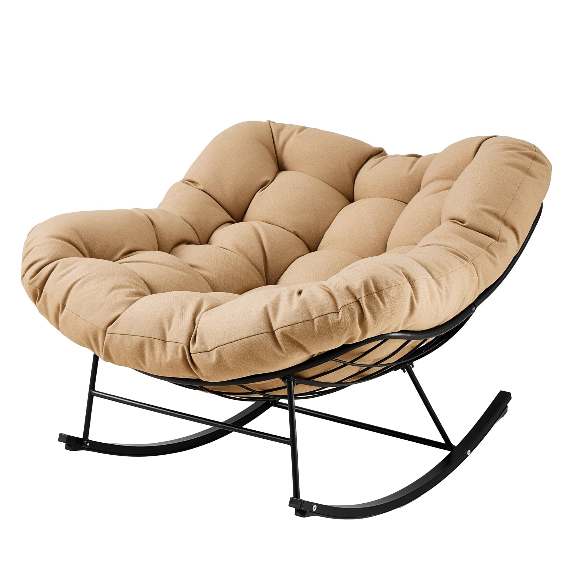 JEAREY Oversized Outdoor Papasan Rocking Chair, Comfy Patio Rocker, Egg Style Lounge Chair for Bedroom, Living Room, Garden, Porch &amp; Lawn, Beige