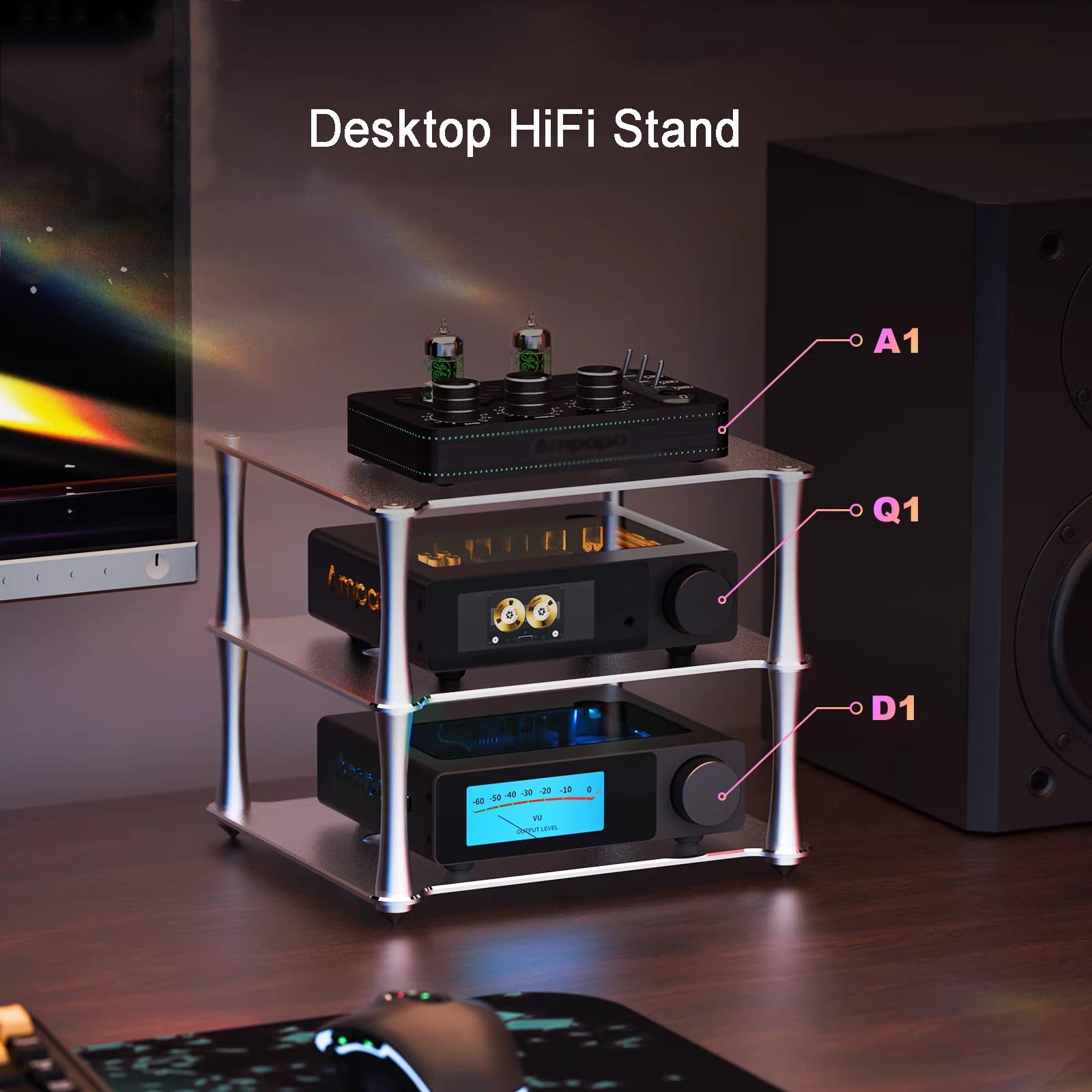 Stojak na komponenty audio, 3-poziomowy stojak na wzmacniacz, stop aluminium z otworami wentylowanymi do sprzętu audio HiFi