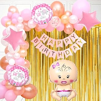 Party town Baby girl theme decoration combo for boys and girls theme birthday party with Metallic balloons | Baby girl foil balloons | Star foil | Balloon arc | Glue dots - (Pack of 70) (Baby Girl)