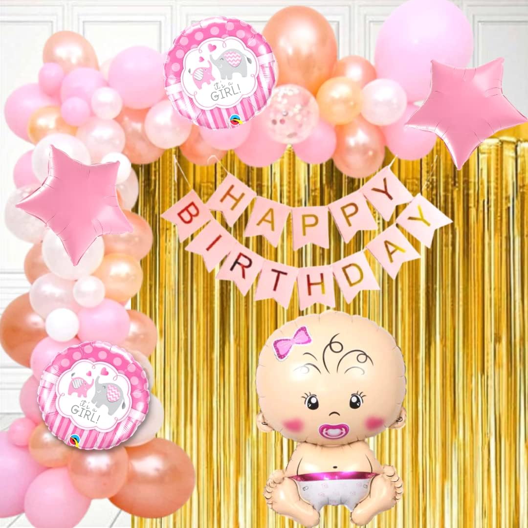 Party town Baby girl theme decoration combo for boys and girls theme birthday party with Metallic balloons | Baby girl foil balloons | Star foil | Balloon arc | Glue dots - (Pack of 70) (Baby Girl)