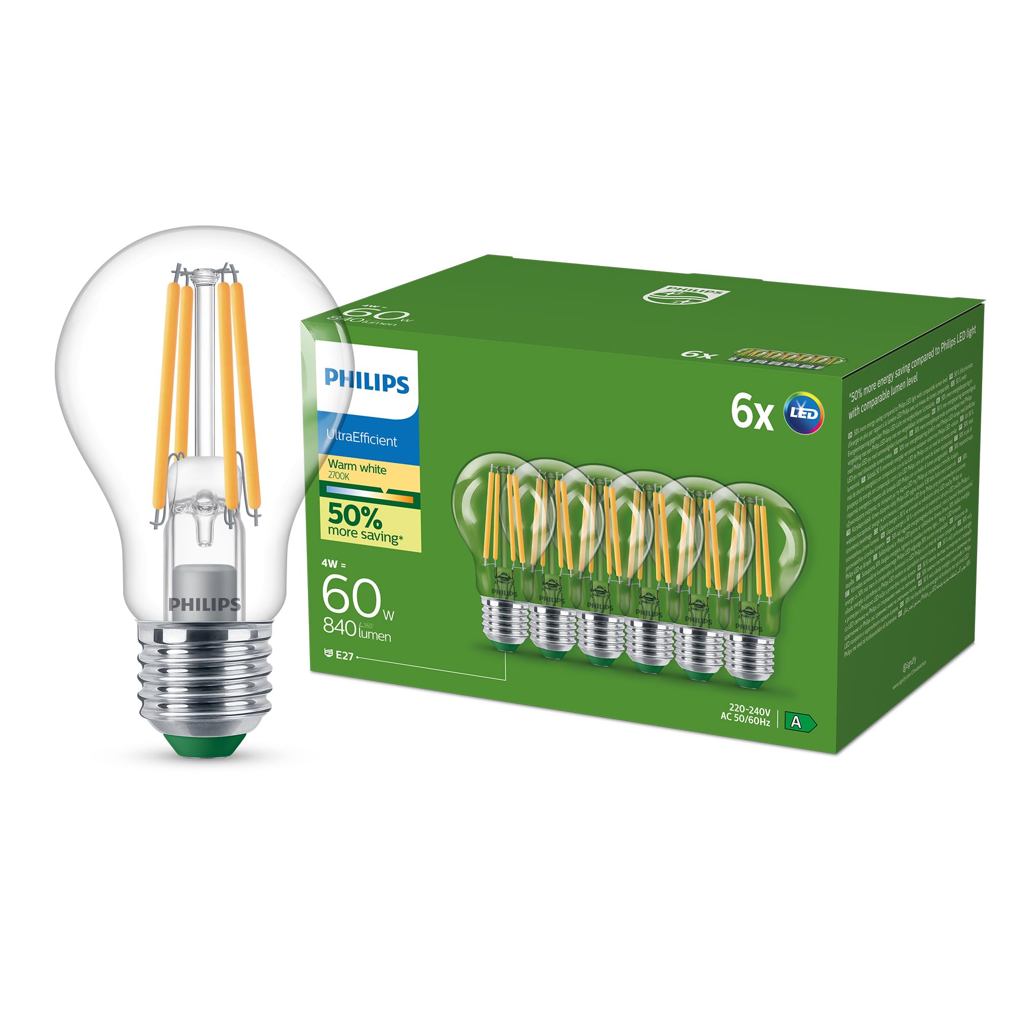 Philips Ultra Efficient - Ultra energy saving lights, E27 LED light source, 60W, A60, warm white, pack of 6, clear