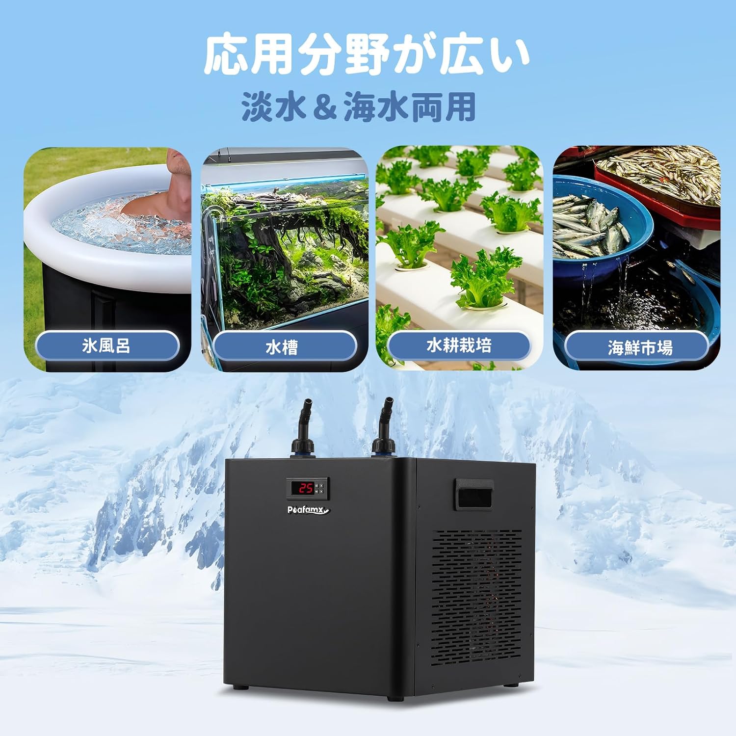 Image showing various applications of the Poafamx AL-500 chiller, including an ice bath tub, an aquarium, a hydroponic setup, and a seafood market display, indicating its wide range of use for both fresh and saltwater.