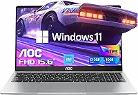 AOC Laptop de 15,6 polegadas, tela IPS Full HD, laptop com processador N95 (até 3,4 GHz), laptops de trabalho de 16 GB de RAM, SSD de 512 GB, laptop executivo, leve e fino, capa de metal, webcam, tipo