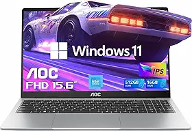 AOC Laptop de 15,6 polegadas, tela IPS Full HD, laptop com processador N95 (até 3,4 GHz), laptops de trabalho de 16 GB de RAM, SSD de 512 GB, laptop executivo, leve e fino, capa de metal, webcam, tipo