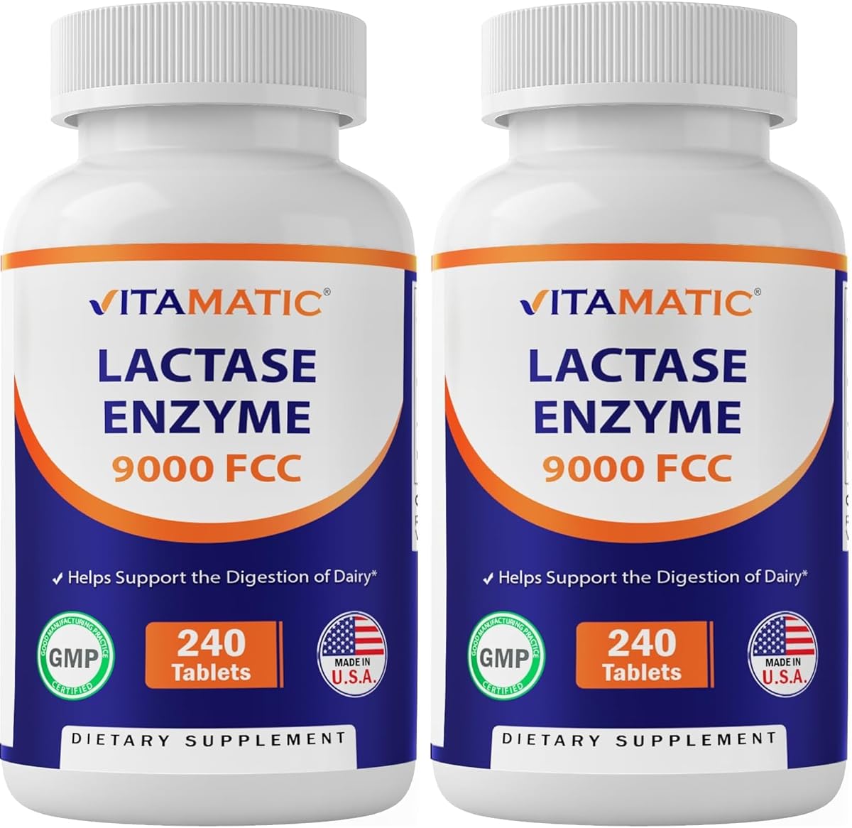 Vitamatic Lactase Enzyme 9000 FCC 240 Tablets - Lactose Intolerance Relief Caplets (Pack of 2)