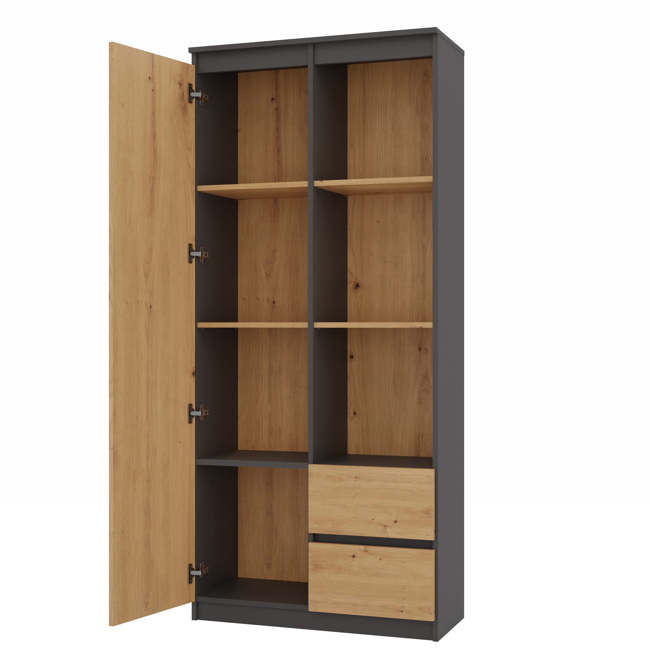 CDF Regal Bücherregal 80 cm modern mit 7 offenen Fächern Zwei Schubladen teils geschlossenen Bereichen stabile 16-mm Konstruktion für Wohnzimmer Büro Arbeitszimmer - Anthrazit/Eiche Artisan