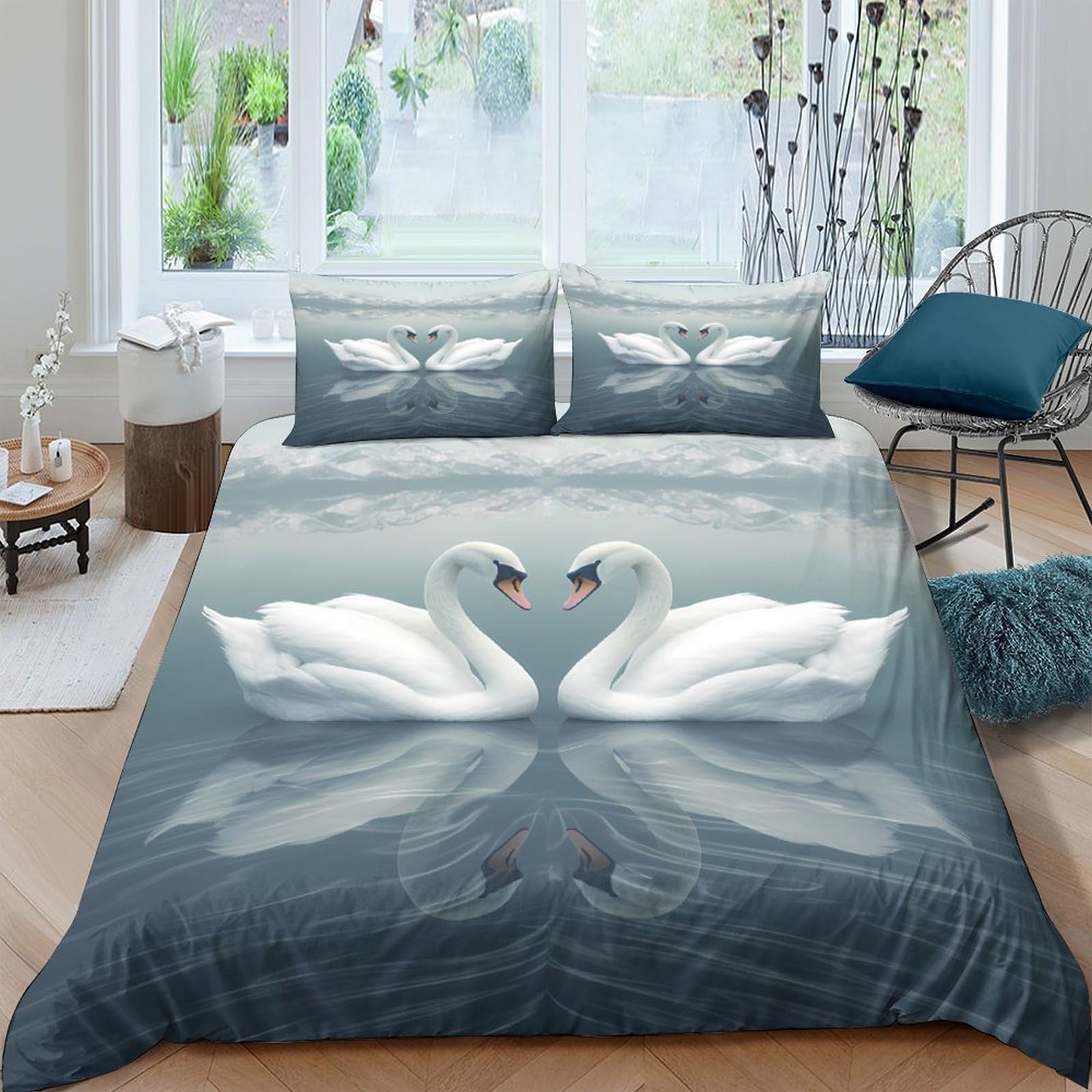 Ctjqhvkz Style-9 3D Printed Swan Lake Fitted Sheet Microfiber Soft Breathable Romantic Swan Bed Cover For Bedroom Guest Room Decor Single（135X200cm）
