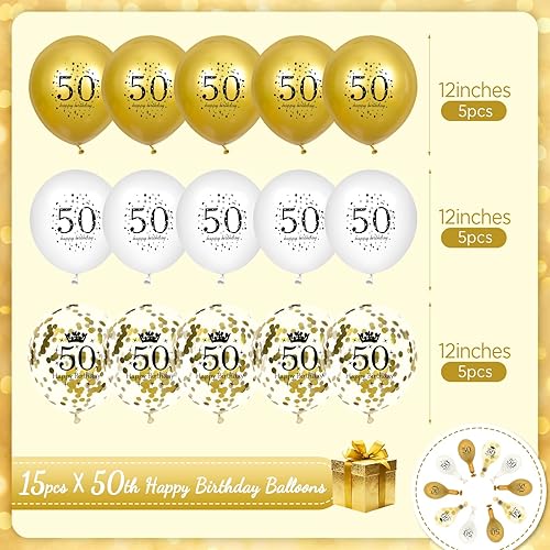 Miniatura 5 de Globos de cumpleaños 50 15 globos de oro blanco con confeti para hombres y mujeres Suministros de decoración de cumpleaños de látex de 12 pulgadas
