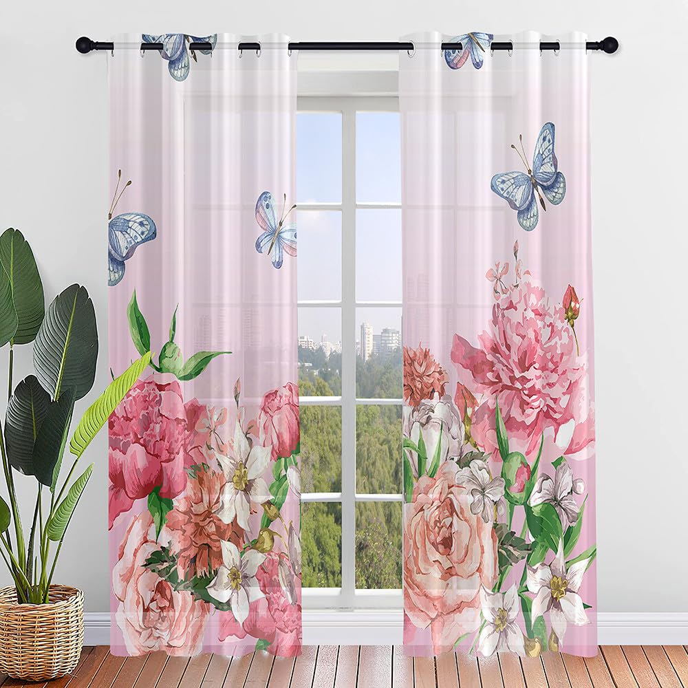 Mateju Voile Curtain, 2 Panels Carnation Pattern Curtain for Living Room, Kitcken, Bedroom, Voile Semi Transparent for Windows Door Sheer (Flower bushes,80x115cm)