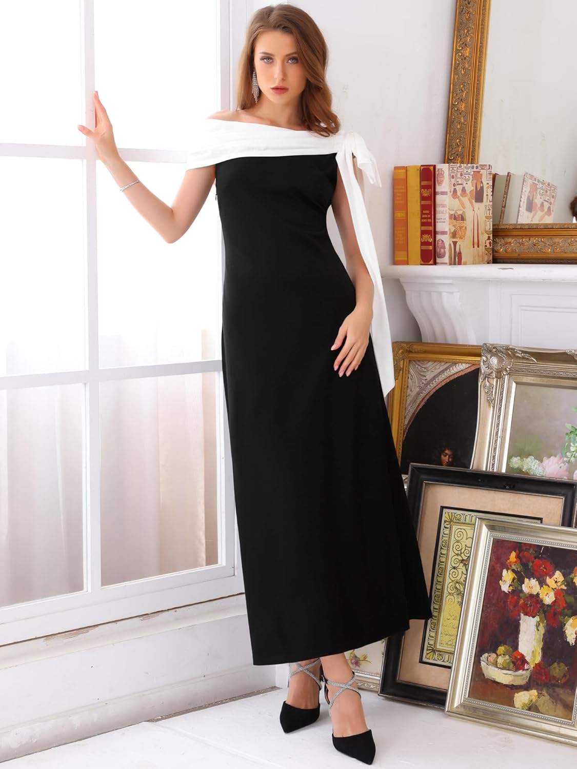 Women's Evening Dress One Shoulder Bow Wedding Guest Bridesmaid Cocktail Prom A-Line Maxi Dresses - Image 3