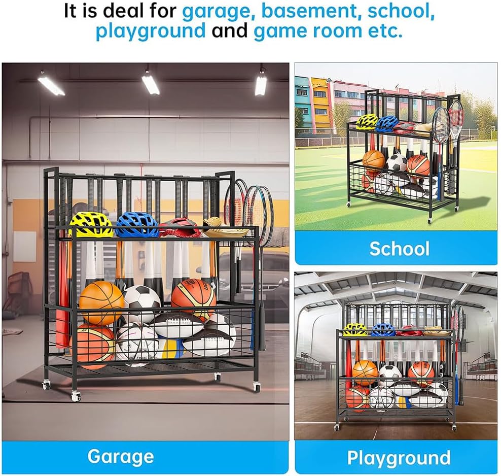 Sports Equipment Garage Organizer, Garage Ball Storage with Wheels and Hooks Toy Storage Easy to Assemble Baseball Bat Holder for Volleyball, Football and Basketball Accessories, Powder Coated