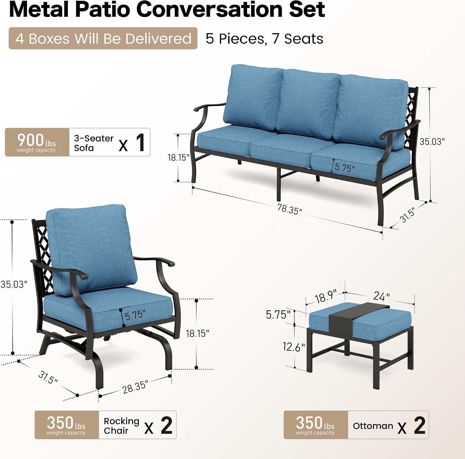 SUNSHINE VALLEY 5 Piece Metal Outdoor Patio Furniture Set, Patio Conversation Sets 3-seater Sofa, 2 Rocking Chair, 2 Ottomans with 5.75" Thick Cushion, Black All-weather Frame Backyard Furniture, Navy