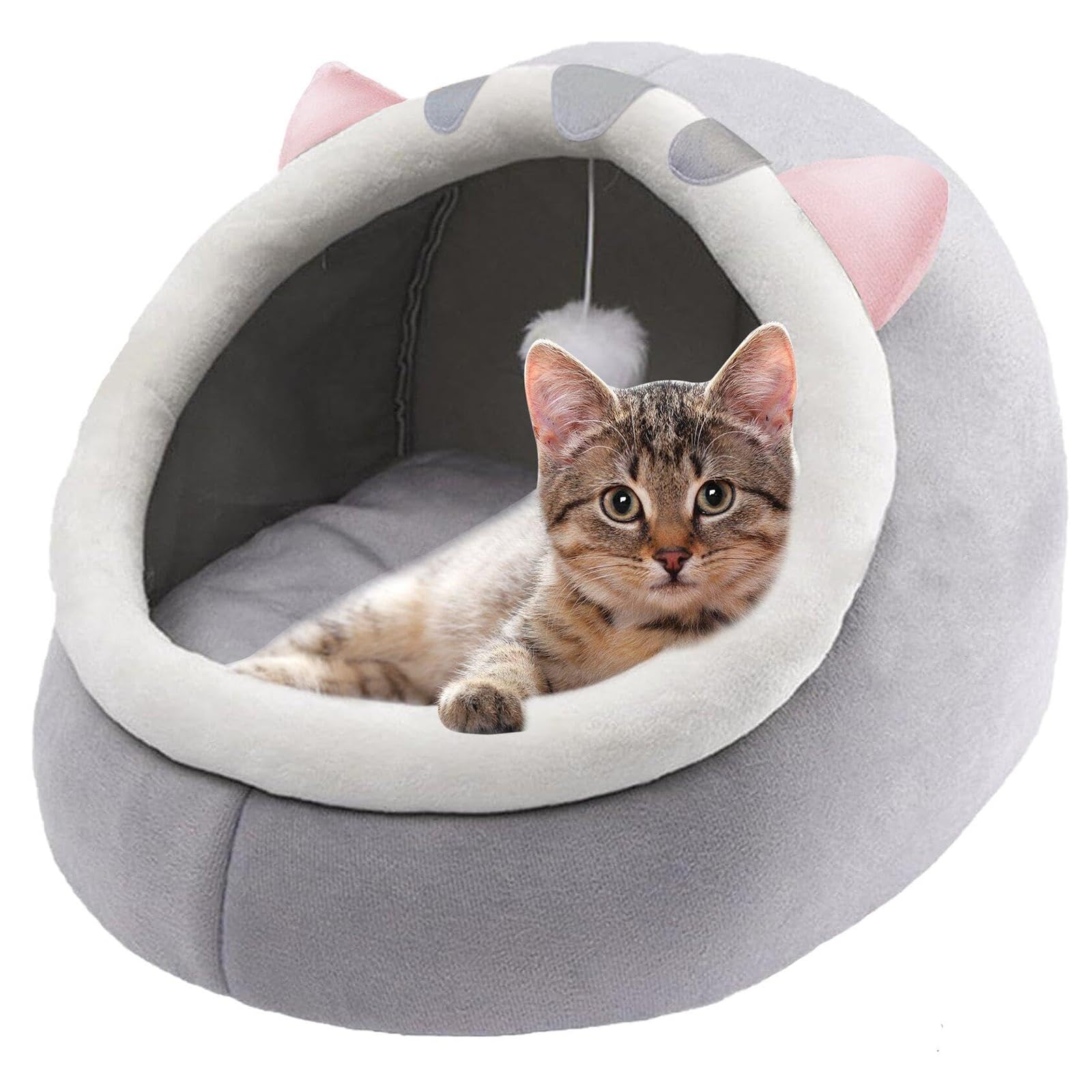 Lits pour chat pour l'intérieur, grotte en forme de chat avec jouet suspendu, maison lavable pour petits animaux de compagnie, canapé apaisant super doux, fournitures chaudes et douces pour