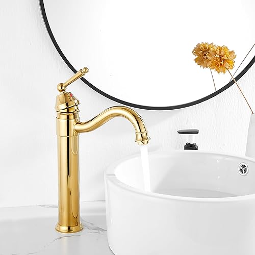 Miniatura 7 de GGStudy Grifos de lavabo de baño de un solo agujero de cuerpo alto, acabado dorado con secador desplegable sin desbordamiento