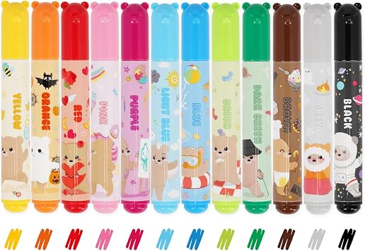 Legami - Set of 12 Pens - Teddy Friends, 12 Assorted Colours, Washable and Non-Toxic, Anti-indentation Tip, Thin and Wide Lines, for Children and Girls, Reusable Packaging