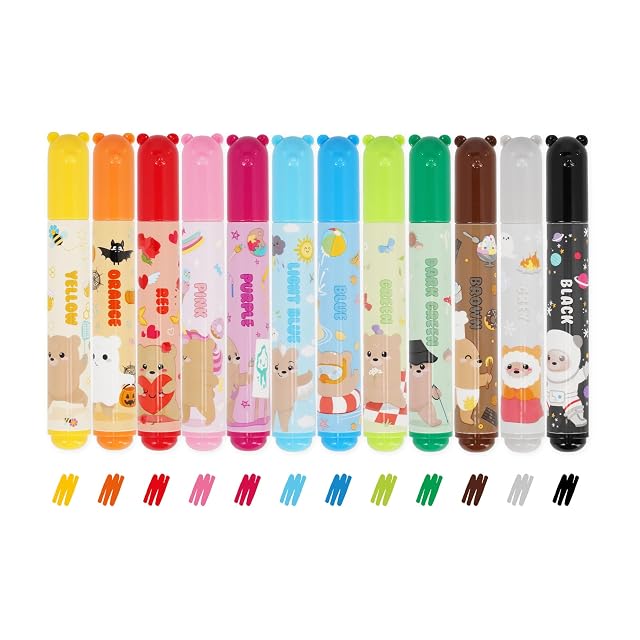 Legami - Juego de 12 rotuladores - Teddy Friends, 12 colores surtidos, lavables y no tóxicos, punta antirretorno, trazos finos y anchos, para niños y niñas, paquete reutilizable