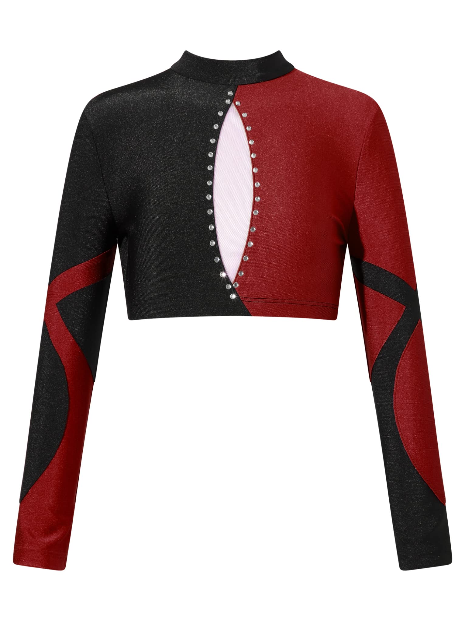 JanJean Kids Girls Long Sleeve Shiny Rhinestone Dance Crop Top for Hip Hop Jazz Streetwear Performance Show Burgundy 8 Years