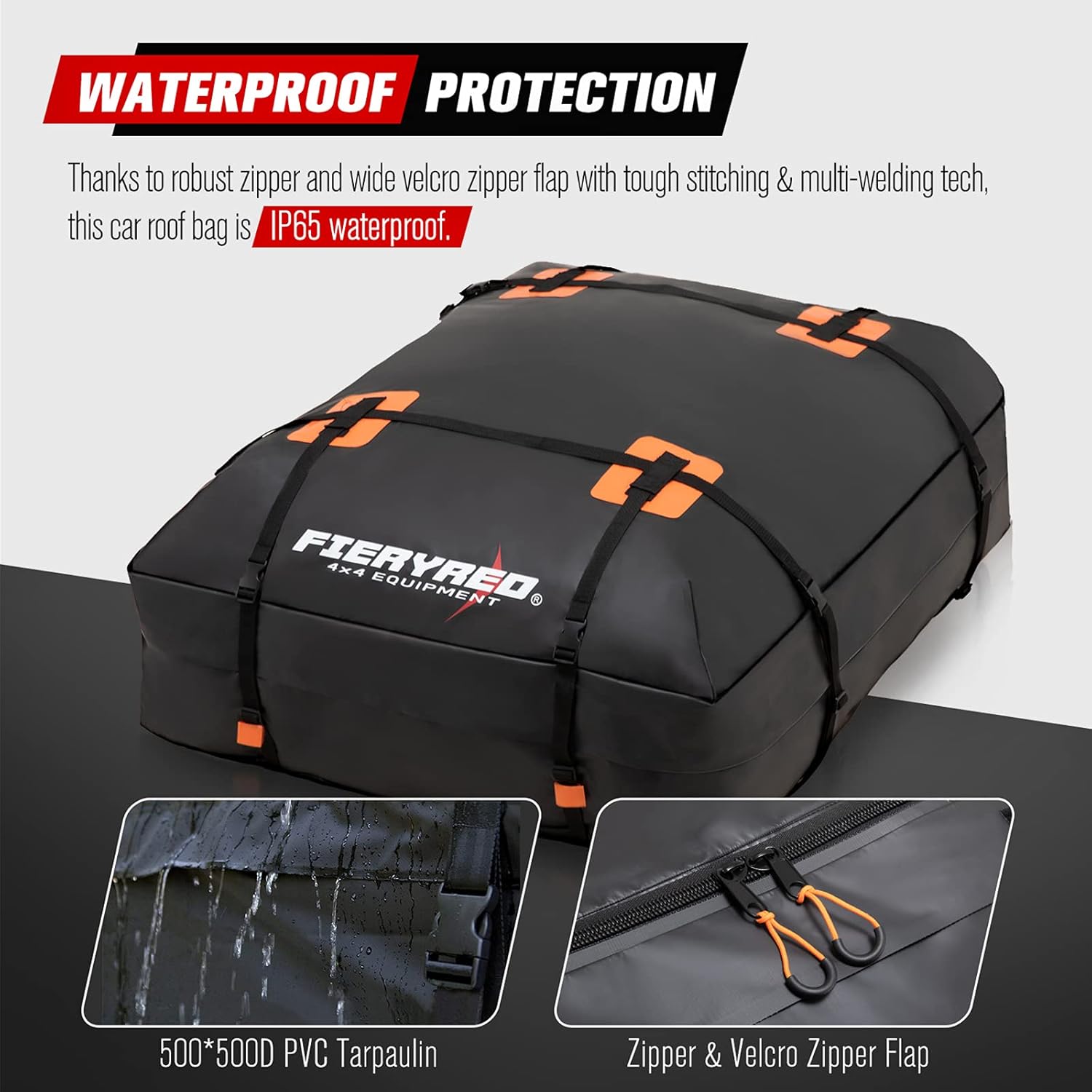 FieryRed Car Roof Bag Cargo Carrier - 15 Cubic Feet. Waterproof Rooftop Bag, Travel Storage Luggage Bag Soft-Shell Fits All Cars, Vans & SUV for All Vehicles with/Without Rack : Automotive
