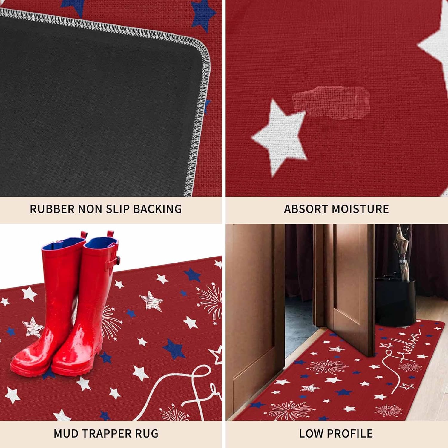 Patriotic 4th of July Kitchen Mat for Floor Red White Blue Stars Freedom Kitchen Runner Rug Set of 2,Non Slip, Memorial Day Summer Anti Fatigue Comfort Standing Mat Kitchen,Sink,Laundry Room,Hallway