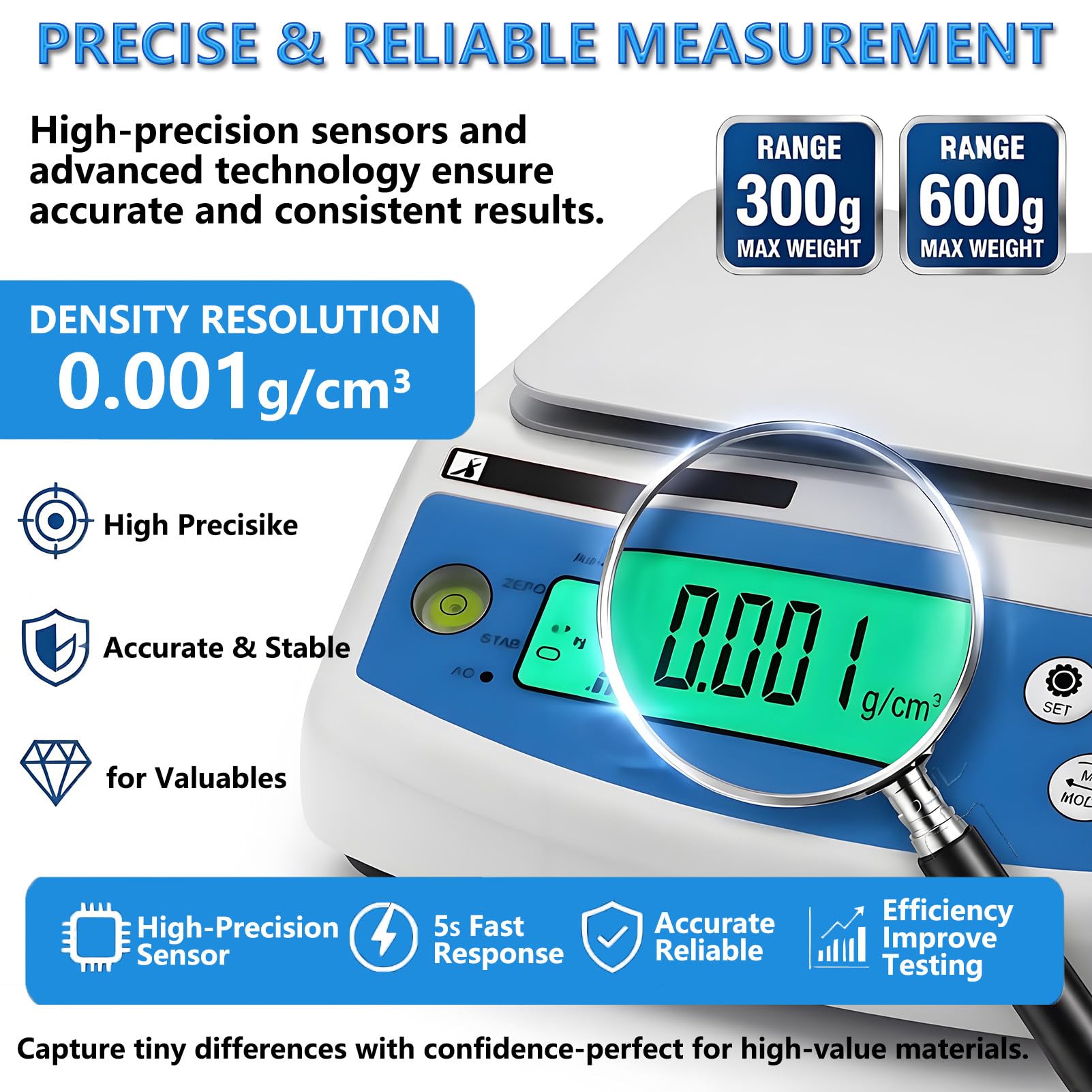 Densimetro Elettronico per Solidi, Alta Precisione 0,001 G/Cm³, Display LCD, Strumento per la Misurazione della Densità di Plastica e Gomma, Apparecchiatura di Test della Densità 600g