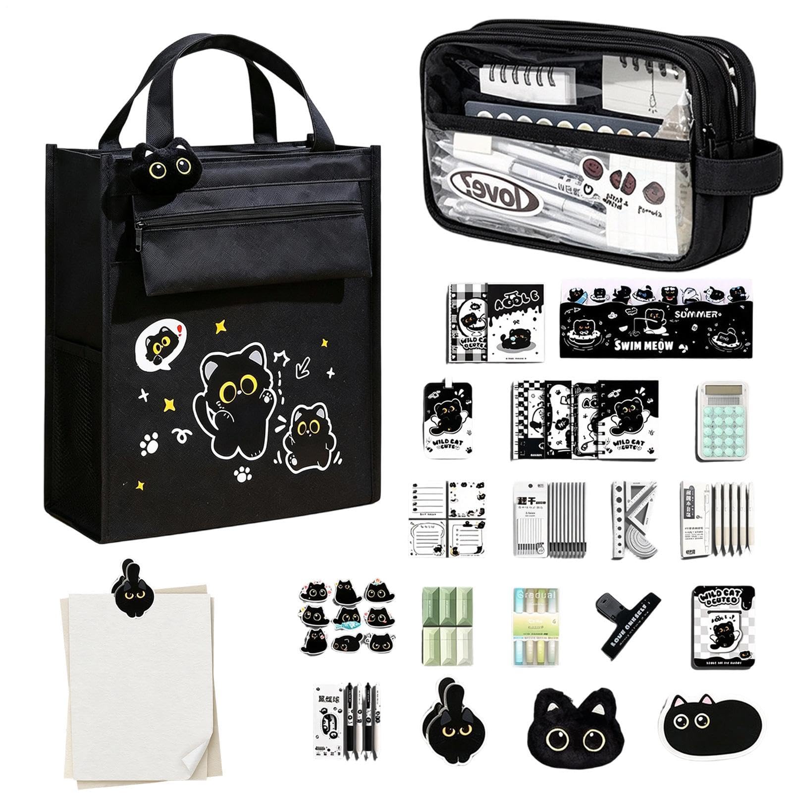 Kit Cancelleria Per Ragazze Kit Organizzatore Di Cancelleria Gatto Nero Grande | Kit penne Gel Scuola Studenti, Teenager Insegnanti, Casa, Classe, Ufficio