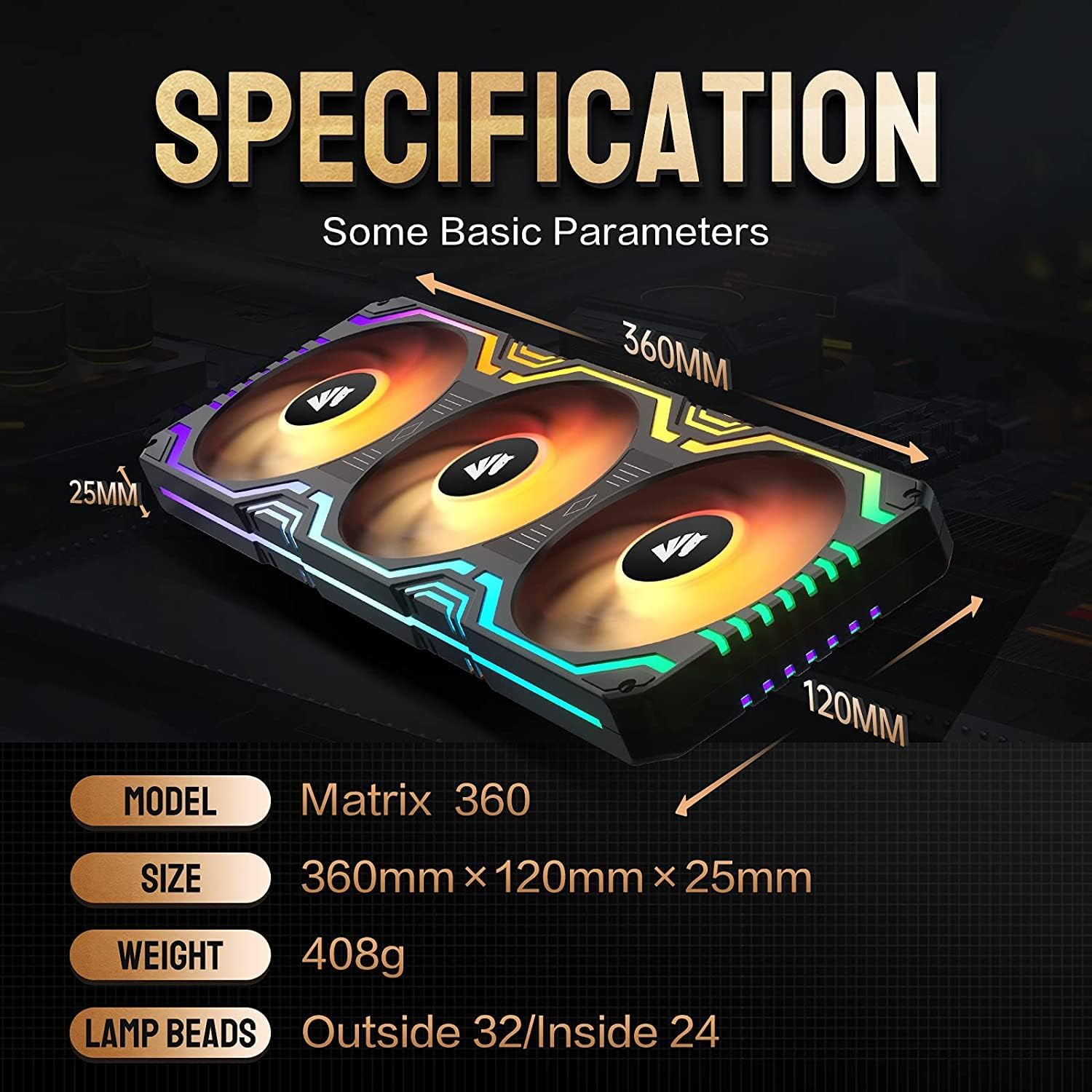 Asiahorse Matrix-Black 360mm RGB Case Fan, GPU Support Bracket with RGB, 5V 3pin, Motherboard Aura SYNC, Integrated PWM Control, All White Gaming PC Build Kit for Computer Case