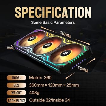 AsiaHorse Matrix-Black Computer Case Fans, All in One Design with WK-A360 AIO CPU Liquid Cooper, Dual High-Performance Pump and 3120mm PWM Fans