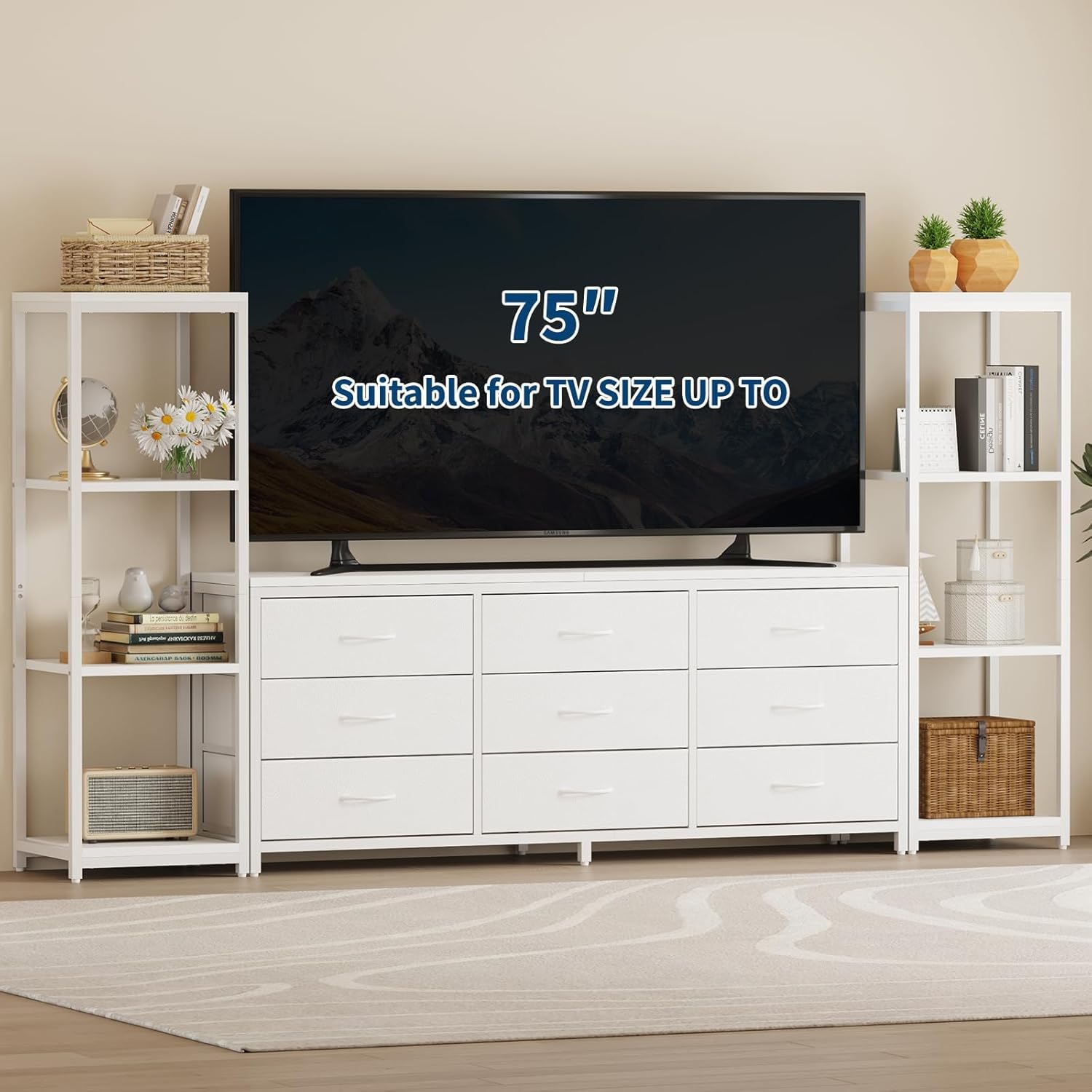 TV Stand Dresser for 75 Inch TV, Large Modern Industrial Entertainment Center with 9 Fabric Drawers & Dual 4-Tier Adjustable Storage Shelves, Sturdy Wood Metal TV Console Cabinet for Living Room,White