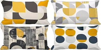 Yellow Pillow Covers 16x32in Set for 4 Outdoor Pillows Waterproof Linen Rectangular Couch Cushion Covers Geometry Double-Sided Decorative Pillowcase with Invisible Zipper for Garden Home Decor a28-Q